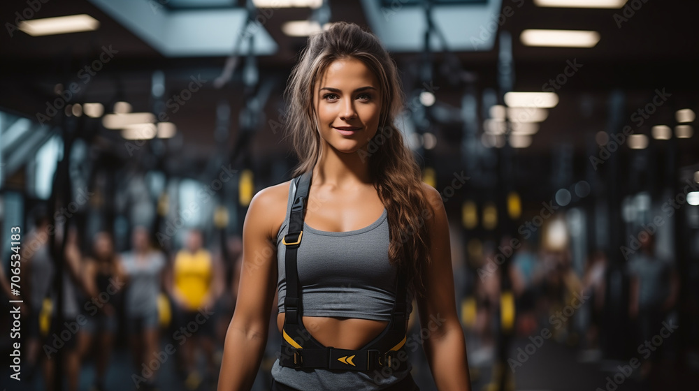 woman in the gym, Girl stretching in the gym with TRX, idea of fitness and sport