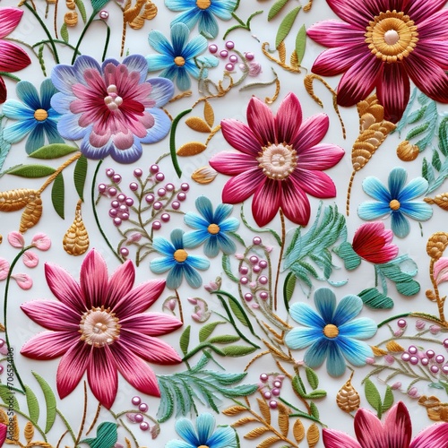 Vibrant floral embroidery patterns on white background with detailed stitches. Seamless design