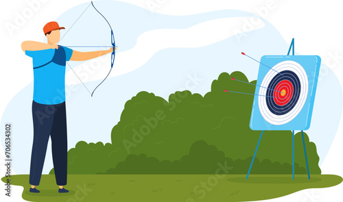 Man in casual clothes aiming with a bow at target, archery practice outdoors. Hobby and leisure activity, focus and concentration concept vector illustration.