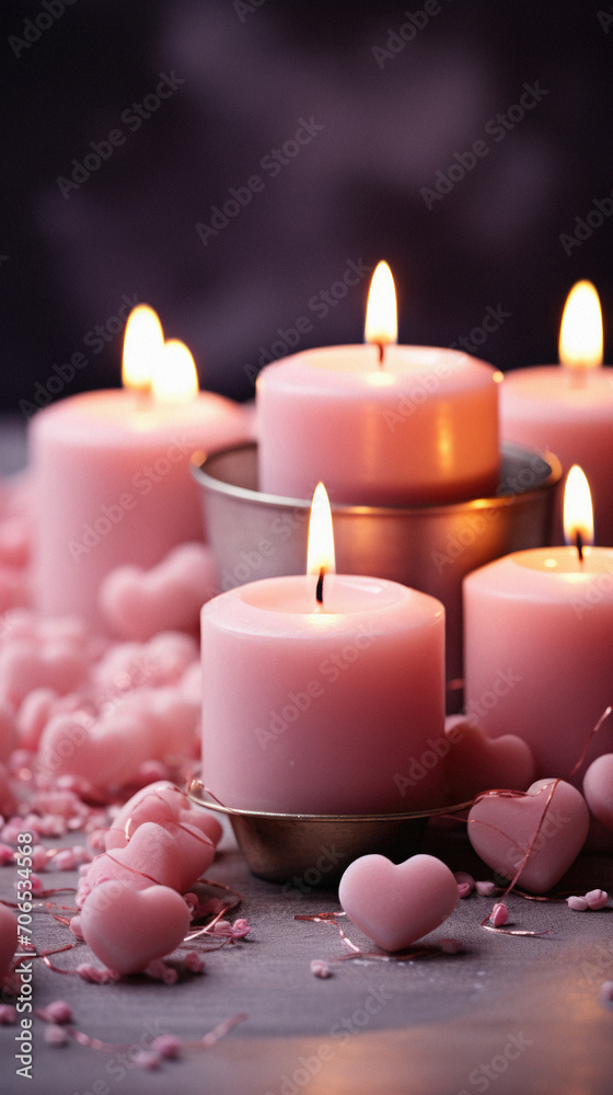 Burning candles with pink hearts on grey wooden table, closeup. Burning candles with pink hearts on grey wooden table, closeup.