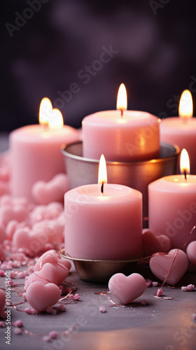 Burning candles with pink hearts on grey wooden table  closeup.