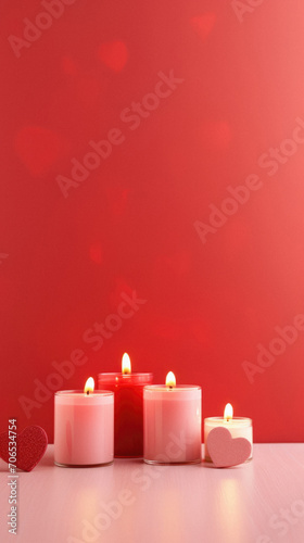 valentines Day background with candles and hearts on red background.