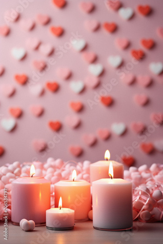 Burning candles and hearts on wooden table  on color wall background.