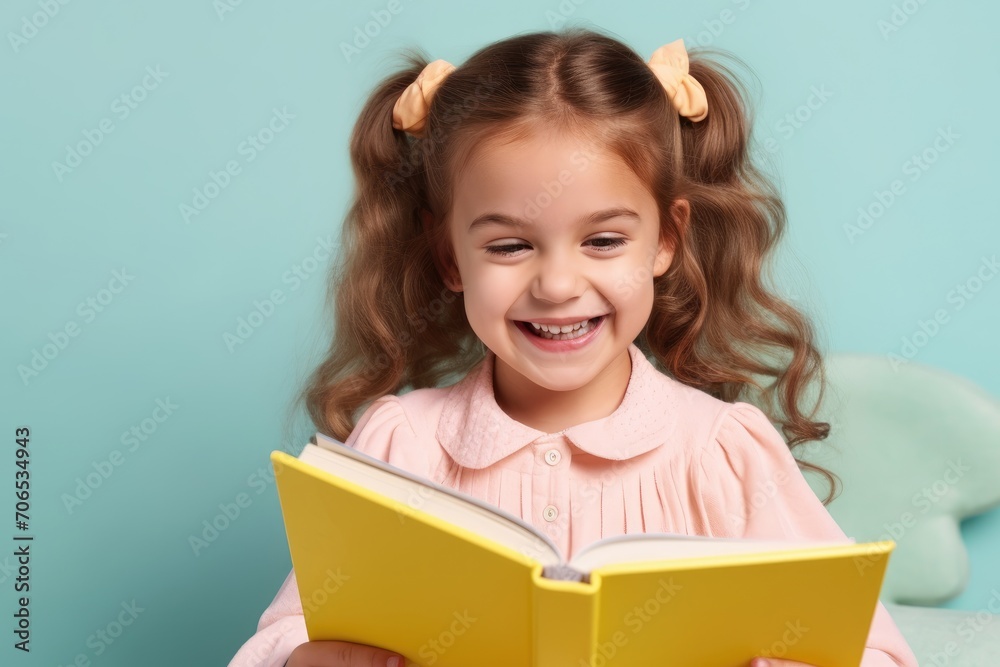 Little Girl Smiling Reading Book in Joyous Moment