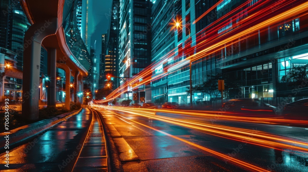 Light trails on the modern building background. Light trails at night in urban environment, Abstract Motion Blur City, traffic, transportation, street, road, speed Light trails on the modern building background. Light trails at night in urban environment, Abstract Motion Blur City, traffic, transportation, street, road, speed