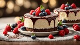  chocolate cheesecakes with cream sauce and berry filling