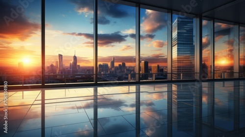 Modern office building or business center. High-rise window buildings made of glass reflect the clouds and the sunset. empty street outside wall modernity civilization. growing up business