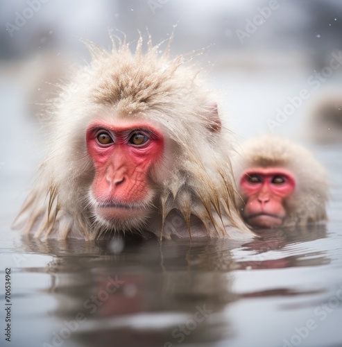Monkeys Swimming in Water, Playful Primates Enjoying a Dip © pham