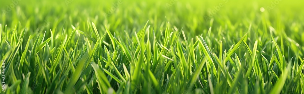 Obraz premium Close Up of Lush, Vibrant Green Grass Patches in a Field Under the Clear Blue Sky