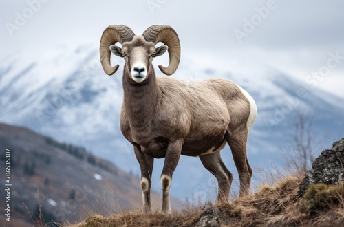 Ram Standing on Grass Covered Hill