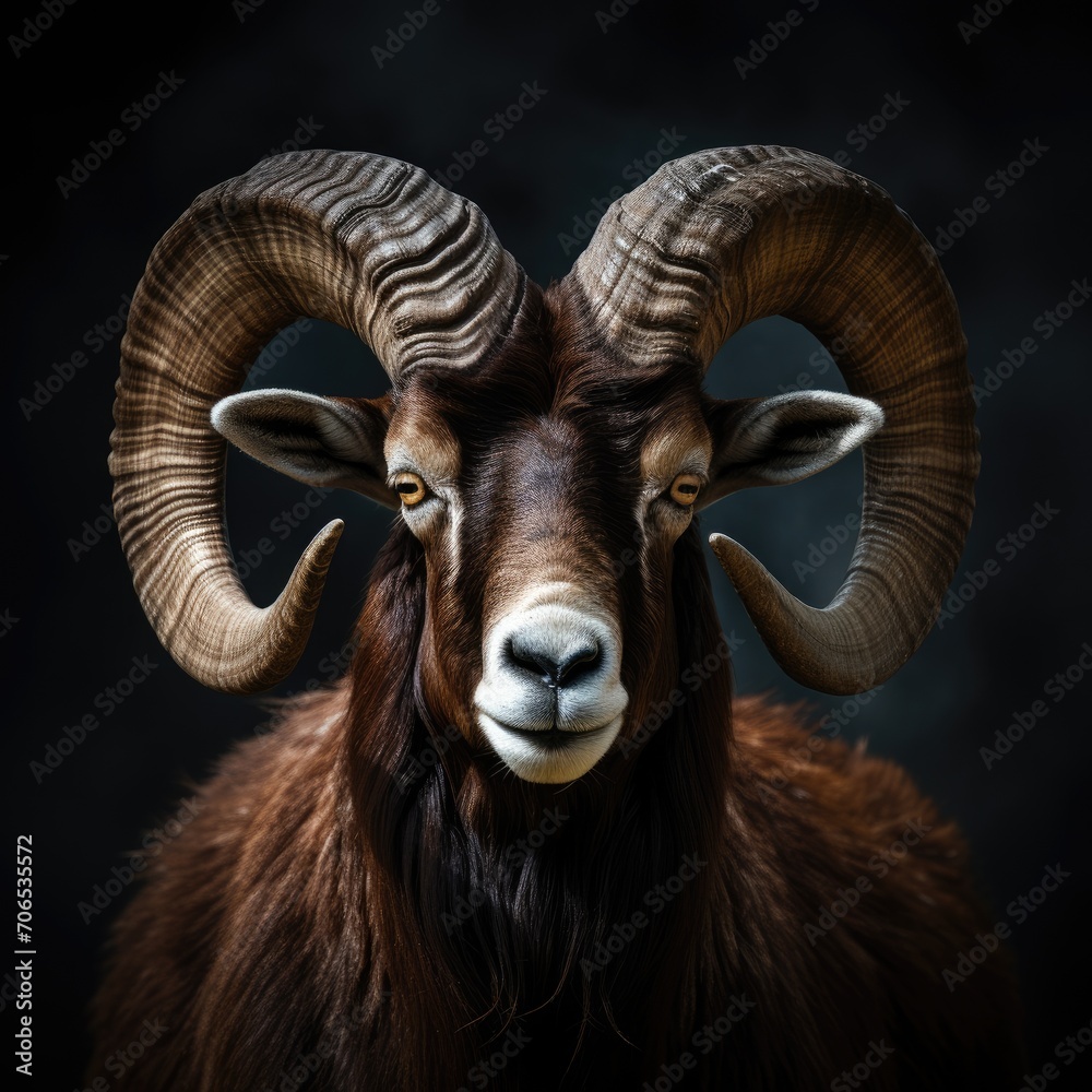 Majestic Ram With Large Horns Standing in the Dark