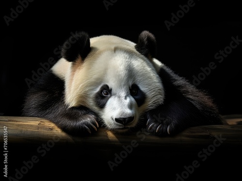Panda Bear Resting on Wood Table in Natural Setting