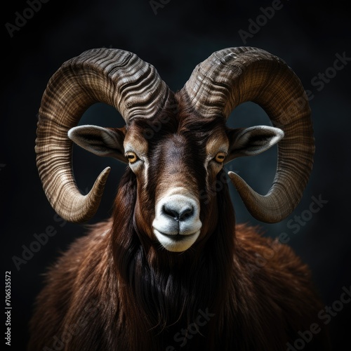 Majestic Ram With Large Horns Standing in the Dark