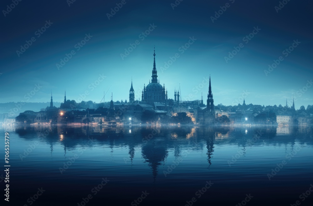 Night View of City Across Water
