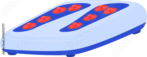 Blue electric foot massager with red buttons. Home relaxation and foot care appliance vector illustration.