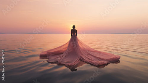 Silhouette of a woman with a pink dress in the middle of the sea at sunset, calm, relax, wonder and joy, feminism, free spirit