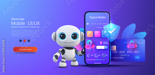 Futuristic Robot with Digital Wallet Interface on Smartphone Screen - Secure Mobile Banking Concept. Fintech financial technology online payment digital economy concept. Vector illustration