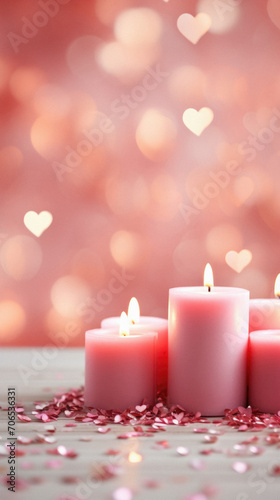 Burning candles with hearts on bokeh background  closeup.