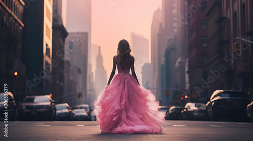 Back view of a woman with a pink dress in the middle of a street in a big city at sunset, fog, calm, relax, wonder and joy, feminism, free spirit