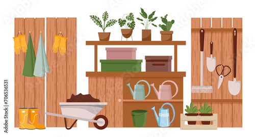 Gardening room, interior. Garden tools, farm clothes, boots, gloves, wheelbarrow and plants on the shelves. Illustration, vector