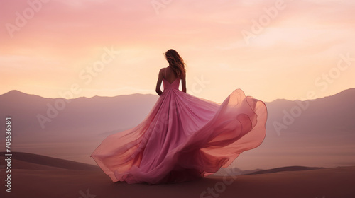 Silhouette of a woman with a pink dress in the desert at sunset, calm, relax, wonder and joy, feminism, free spirit