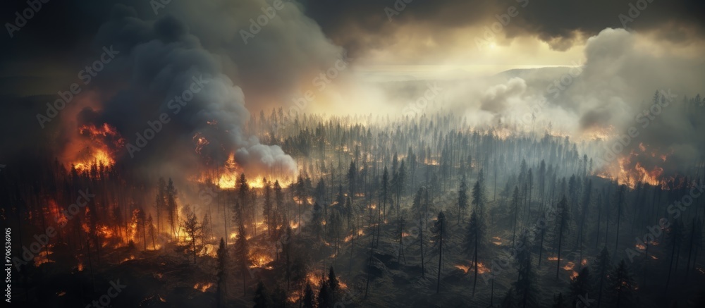 Forest fires during the summer create a smoky scene, seen from above as a natural disaster.