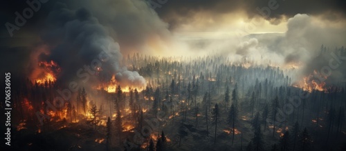 Forest fires during the summer create a smoky scene, seen from above as a natural disaster.