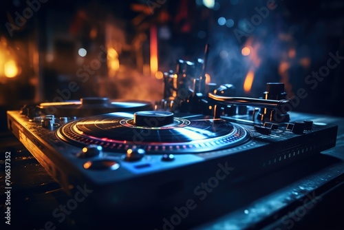DJ Turntable With Lights in the Background