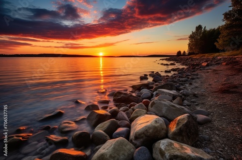 Sunset Over Water With Rocks in Foreground - Serene Natural Landscape Scene © pham
