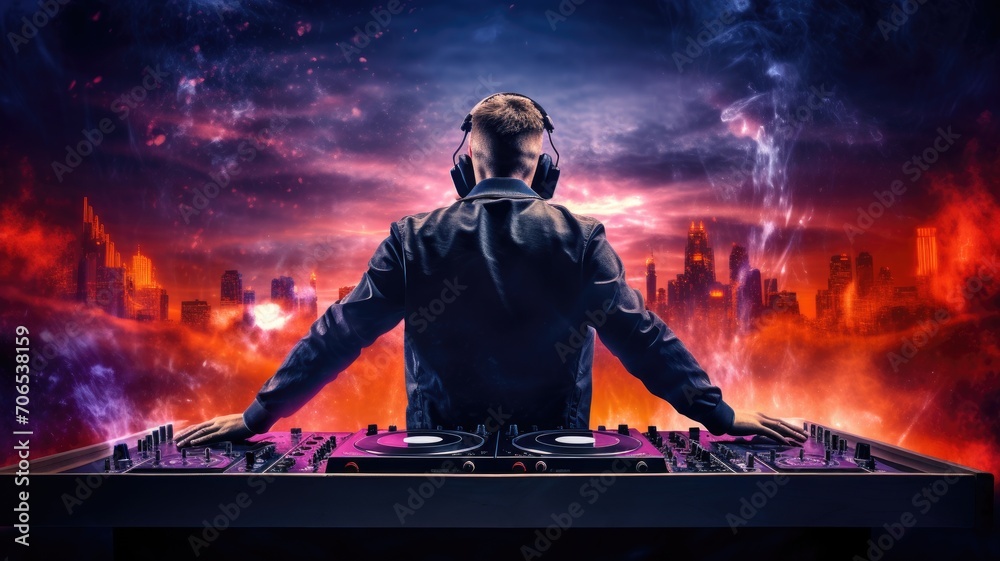 Obraz premium DJ Mixing Music in Front of Cityscape