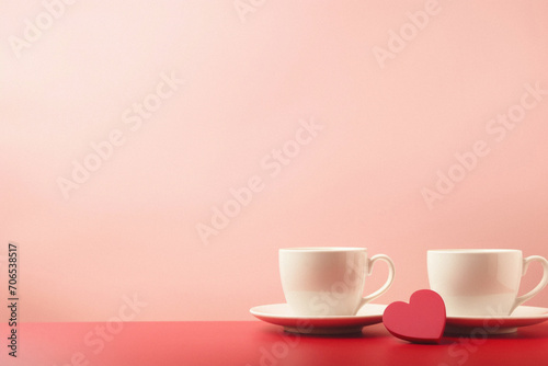Coffee cup and red heart on pink background. Valentines day concept.