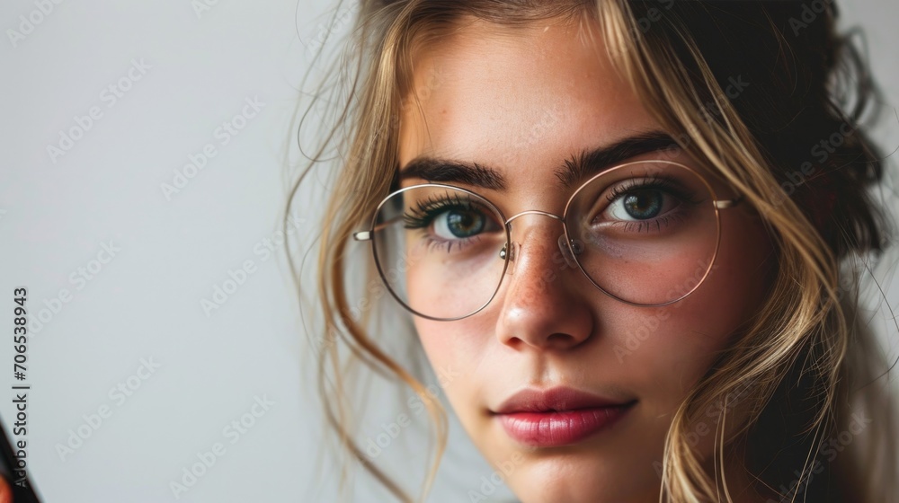 woman in eyeglasses on a white background, business concept
