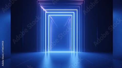 3d render, abstract minimalist green geometric background. Bright neon light going through the vertical slot. Doorway portal glowing in the dark. Generative Ai