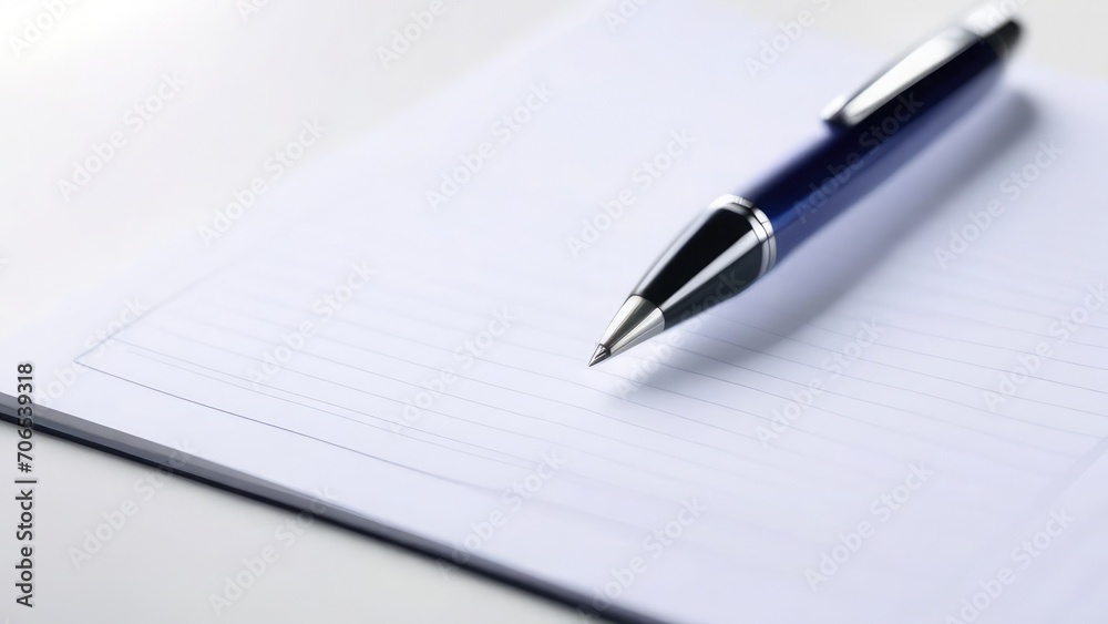 Blue pen on white notepad, educational supplies, pen for business, school and office, on white insulated background Blue pen on white notepad, educational supplies, pen for business, school and office, on white insulated background