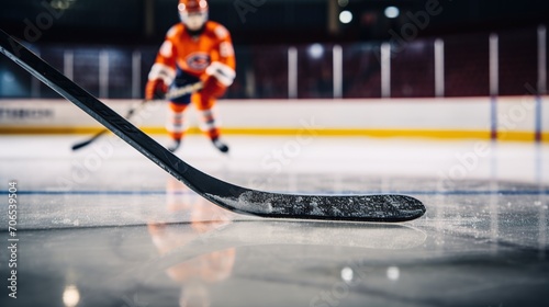 ice hockey on an ice rink in a position to hit a hockey puck photo