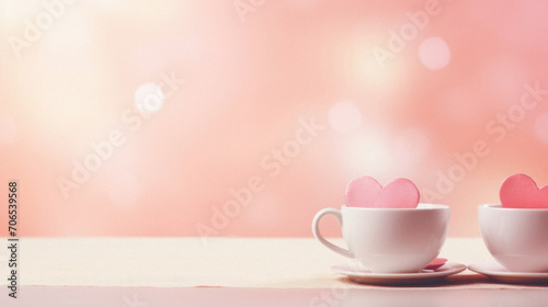 Coffee cup with heart shape on pastel bokeh background.
