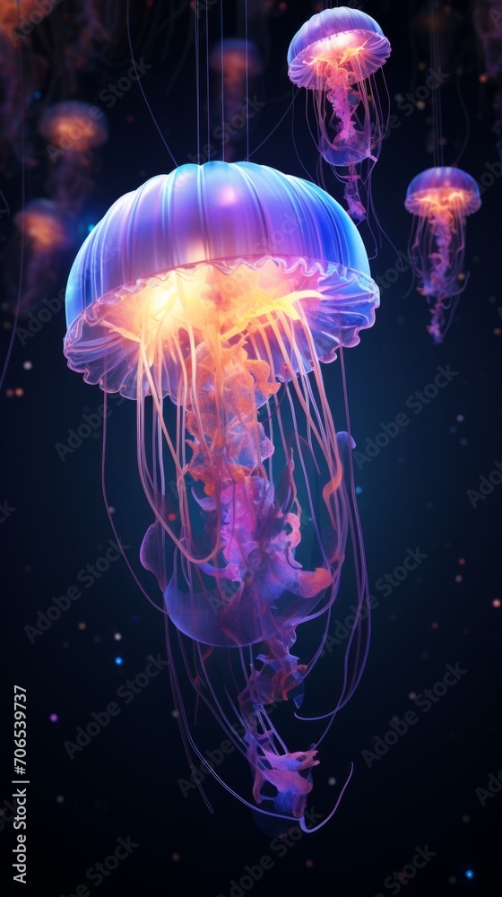Fototapeta premium Neon Jellyfish 3D wallpaper