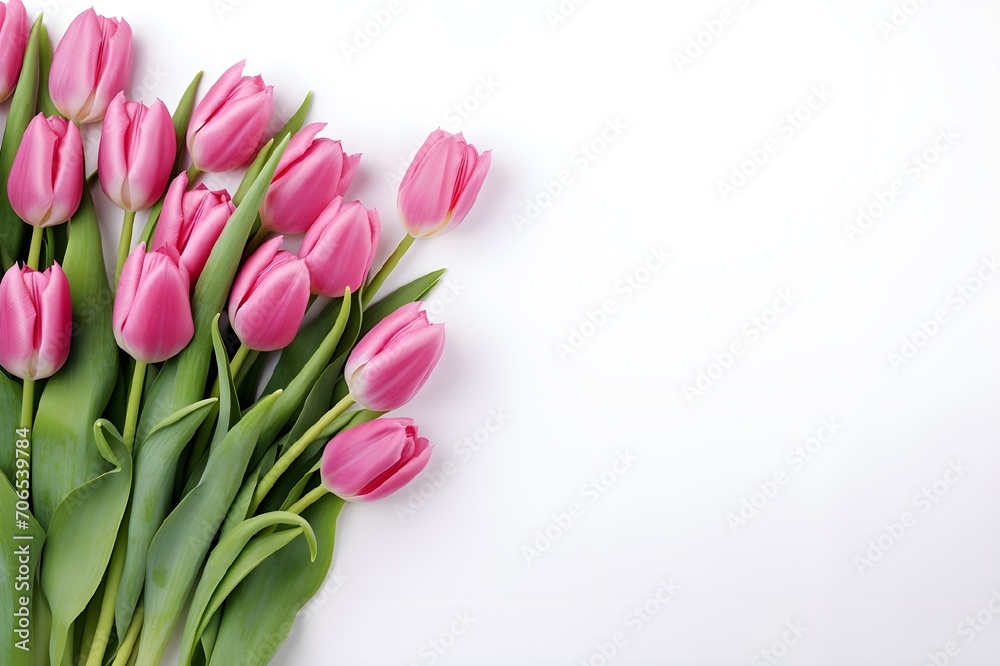A bouquet of tulips on a white background.Spring floral background.Pink tulips.Bouquet of spring tulips on a white background, 2/3 free space for text A bouquet of tulips on a white background.Spring floral background.Pink tulips.Bouquet of spring tulips on a white background, 2/3 free space for text