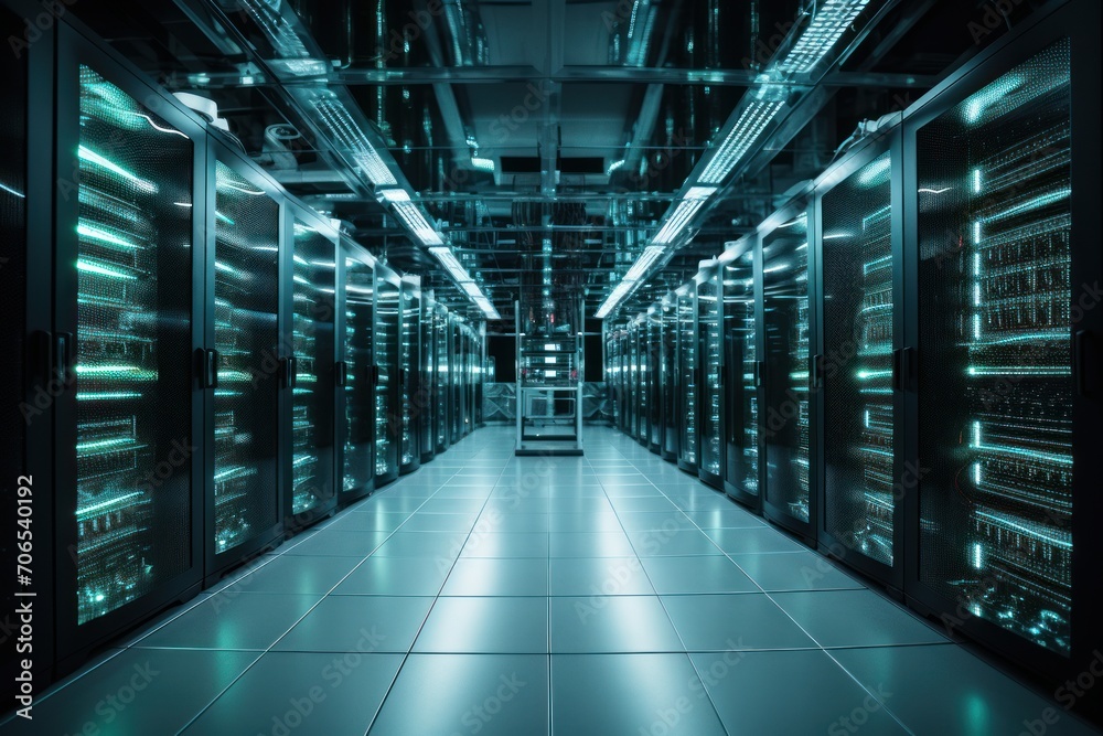 Photo of a high-tech data center with rows of servers and advanced cooling systems. Generative AI