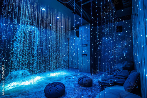 A playroom with a wall of cascading, interactive water lights, simulating a waterfall