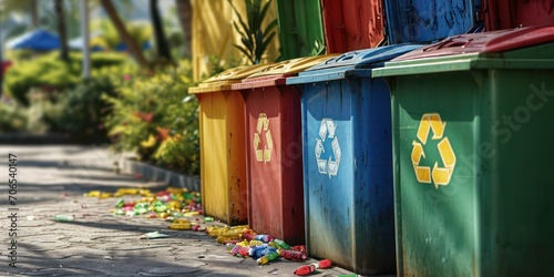 Brightly colored trash cans, each adorned with a recycle symbol, representing an eco-friendly recycling concept in a visually appealing and organized manner.