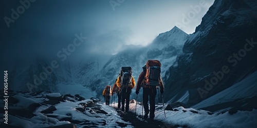 Adventurers trekking through a snowy mountain pass wearing backpacks 