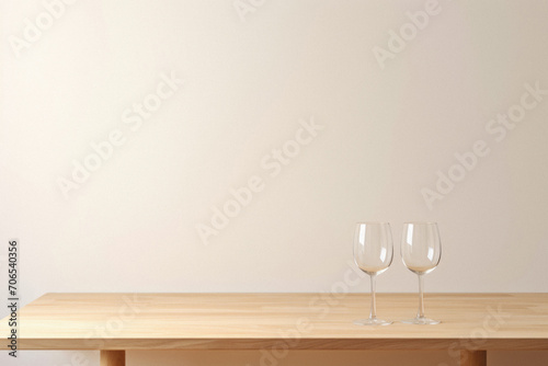 Two empty wine glasses on wooden table against white wall. Mock up, .
