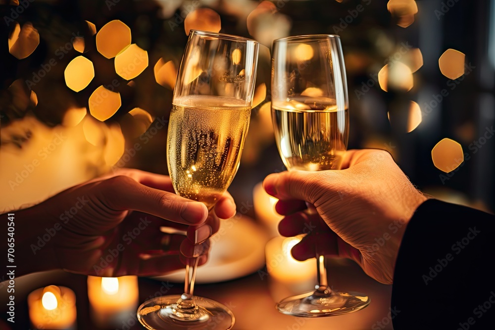 A close-up of clinking champagne glasses, capturing the effervescence of love and the joy of celebrating special moments together