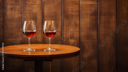 Two glasses of red wine on a wooden table. Close-up.