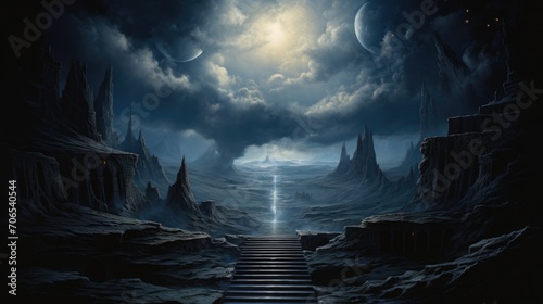 Mysterious dark stairs to heavens, surrounded by clouds, hope and aspiration