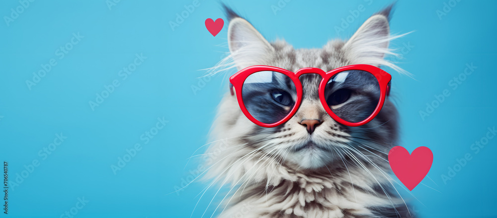 Beautiful cat in love with red glasses on a blue background