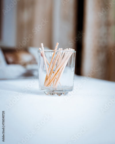 Wooden Toothpicks in Glass Cup