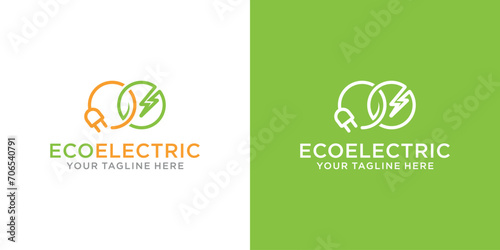 renewable infinity green plug leaf icon design template. Illustration of electric power energy charge button symbol with green leaf and plug.	