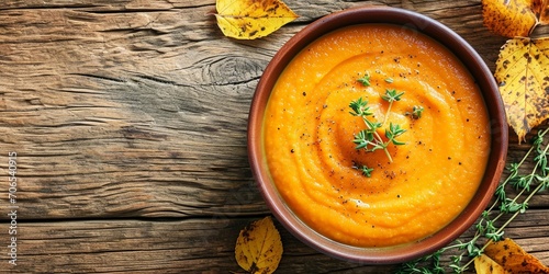 Autumn pumpkin puree in a bowl. Vegetarian autumn pumpkin cream soup with thyme on table with sunny beams. Autumnal tasty dinner or lunch. Top view, photo